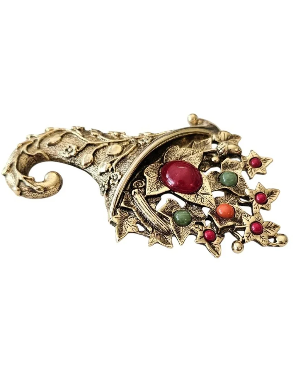 1928 Brand Autumn Leaves Fall Cornucopia Brooch Lucite Cabochon Pin, J38
